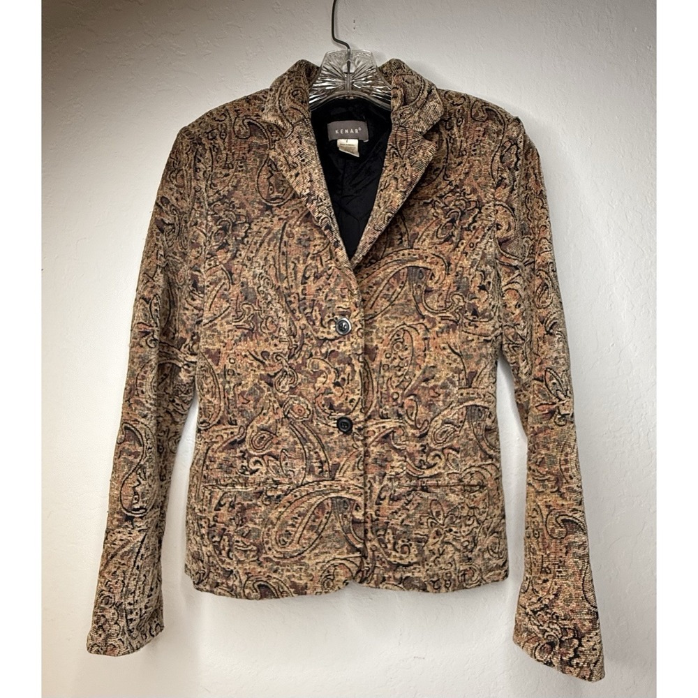 Vintage KENAR Jaquard Blazer Women Size 4 Textured Gold Paisley Boho Chic Art